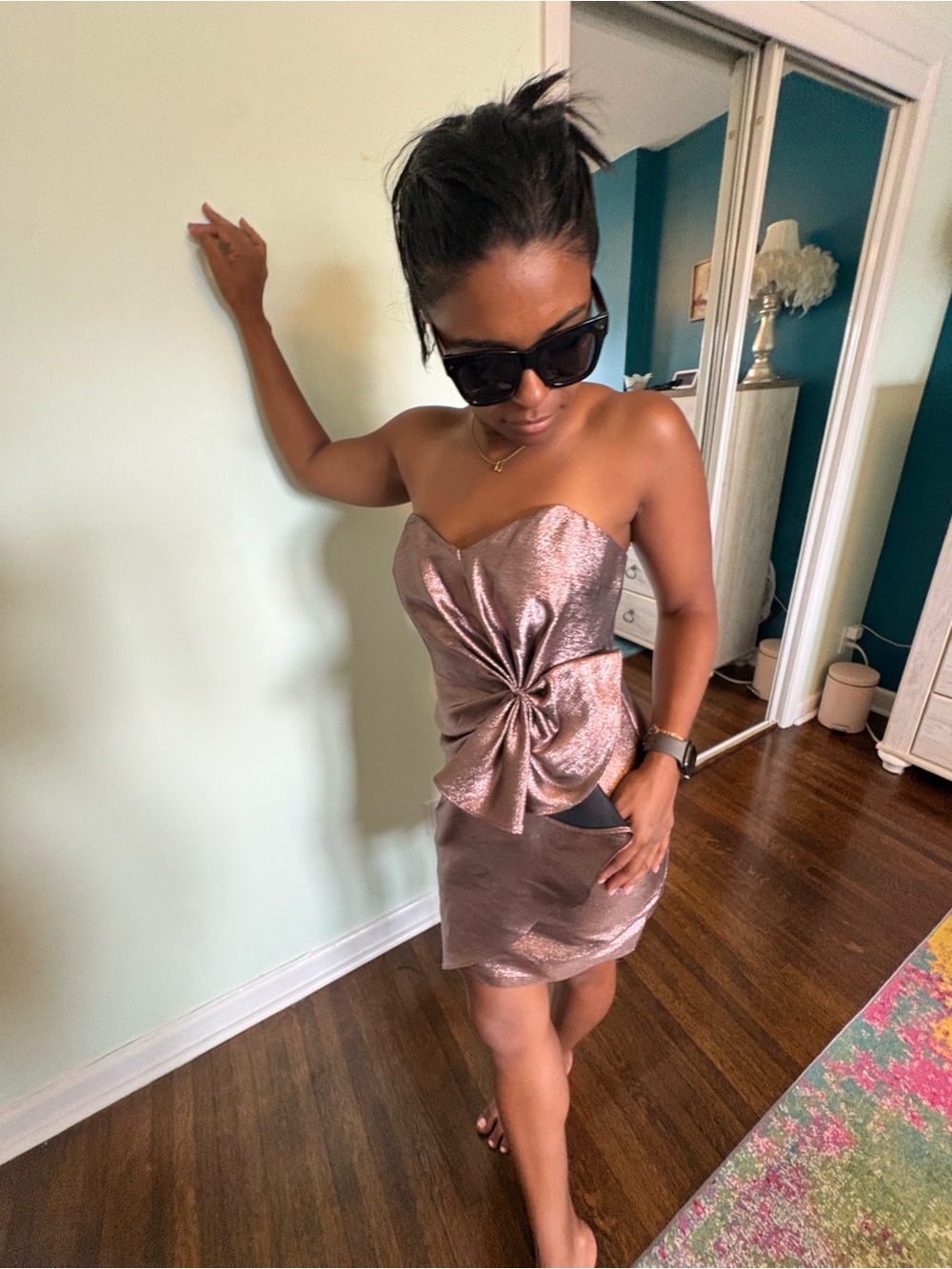 Strapless Metallic Rose Gold Knot-Front Mini Dress